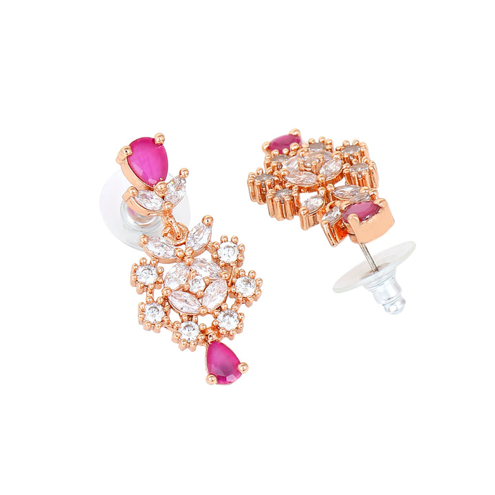 Estele Rose Gold Plated CZ Sparkling Necklace Set with Ruby Crystals for Women