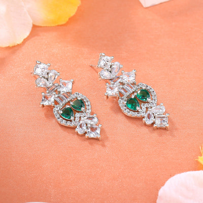 Estele Rhodium Plated CZ Fascinating Drop Earrings with Emerald Crystals for Women