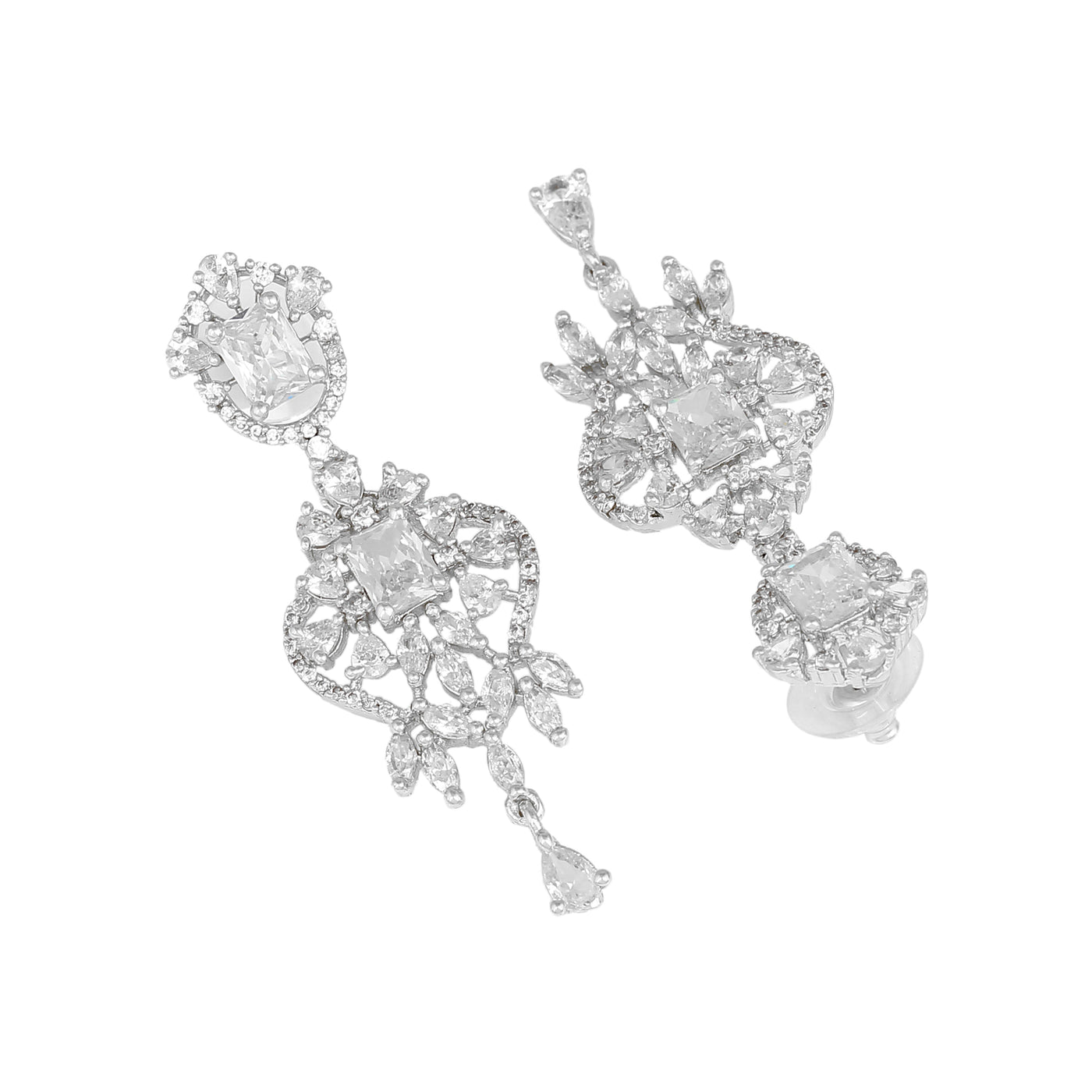 Estele Rhodium Plated CZ Magnificent Designer Drop Earrings for Women