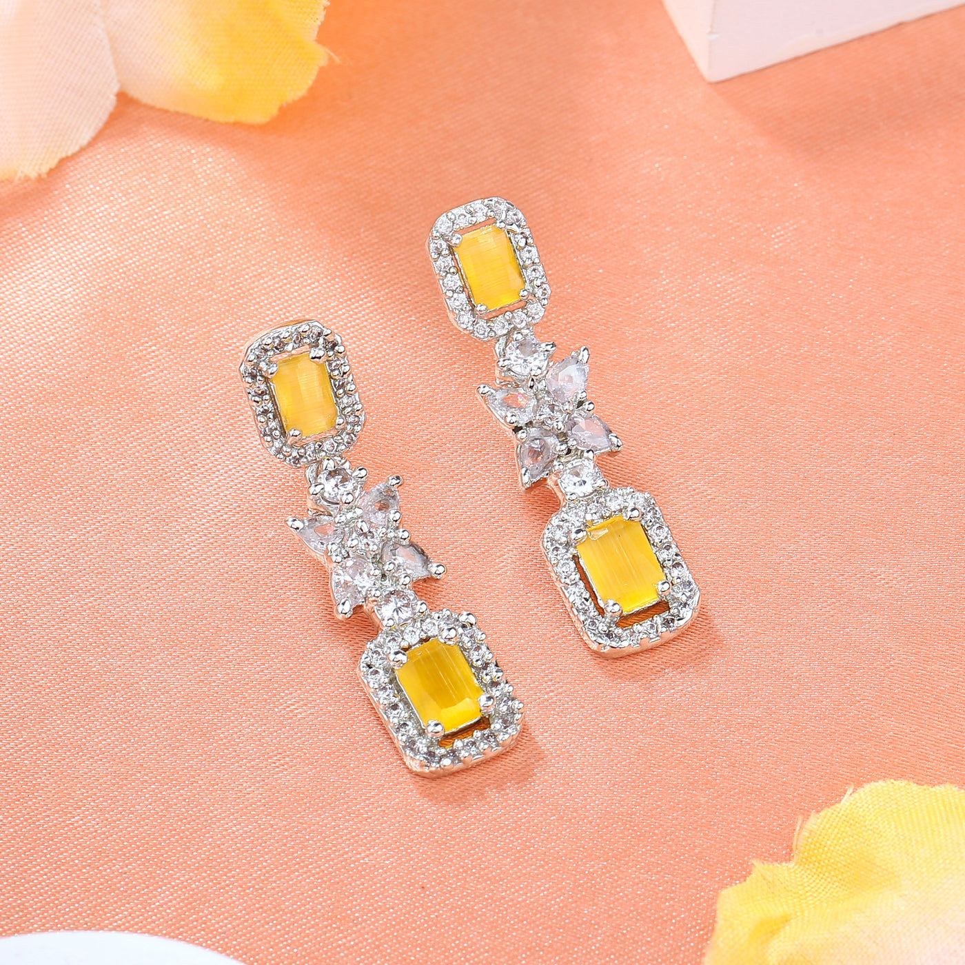 Estele Rhodium Plated CZ Sparkling Earrings with Yellow Stone for Women