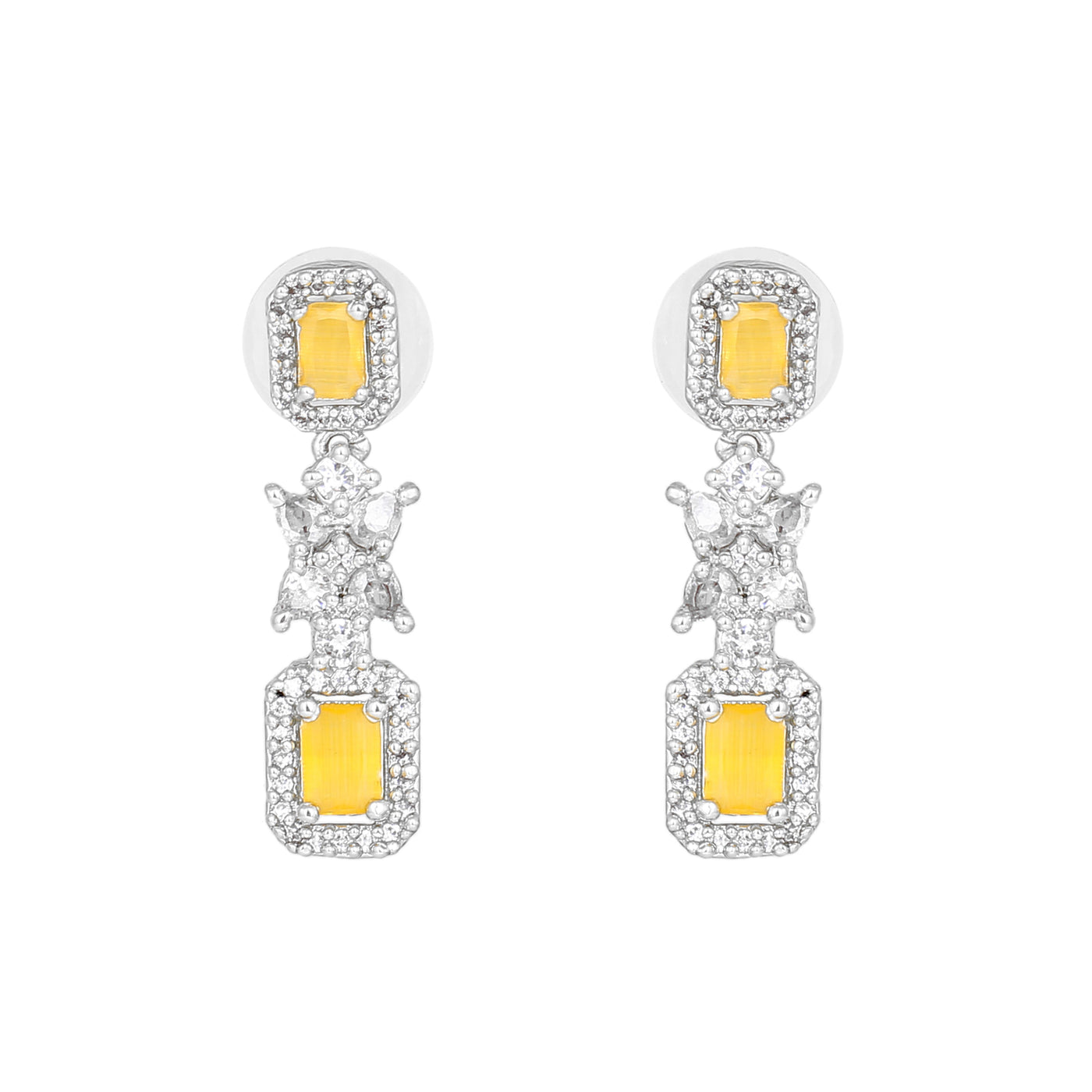 Estele Rhodium Plated CZ Sparkling Earrings with Yellow Stone for Women