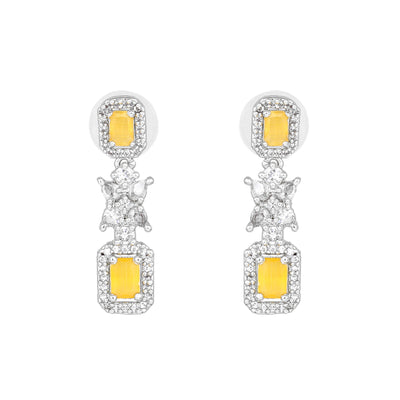 Estele Rhodium Plated CZ Sparkling Earrings with Yellow Stone for Women