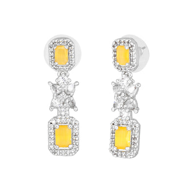 Estele Rhodium Plated CZ Sparkling Earrings with Yellow Stone for Women