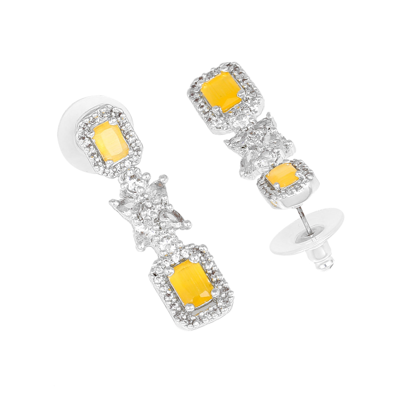 Estele Rhodium Plated CZ Sparkling Earrings with Yellow Stone for Women