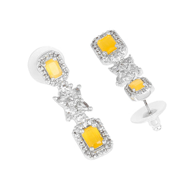 Estele Rhodium Plated CZ Sparkling Earrings with Yellow Stone for Women