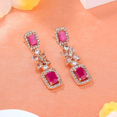 Estele Rose Gold Plated CZ Sparkling Earrings with Ruby Stone for Women