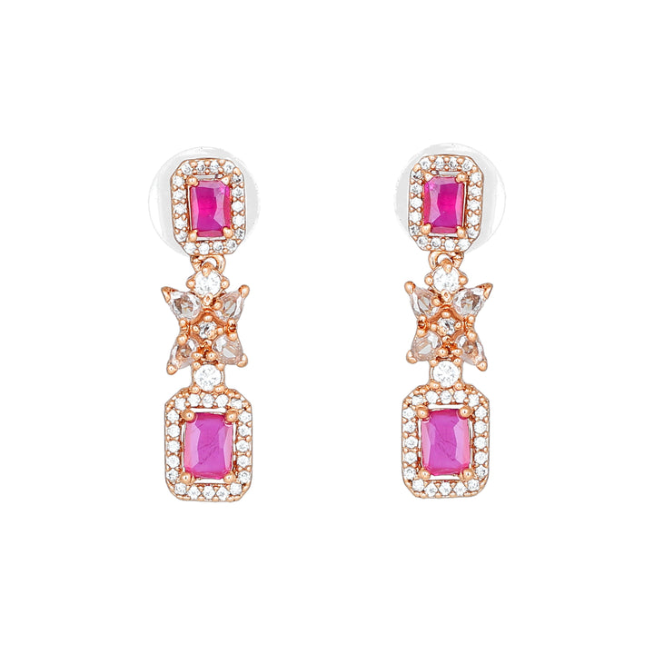 Estele Rose Gold Plated CZ Sparkling Earrings with Ruby Stone for Women