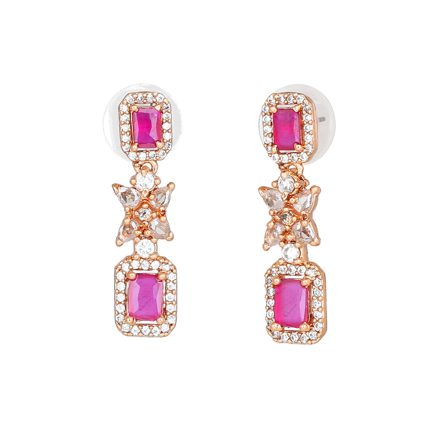 Estele Rose Gold Plated CZ Sparkling Earrings with Ruby Stone for Women