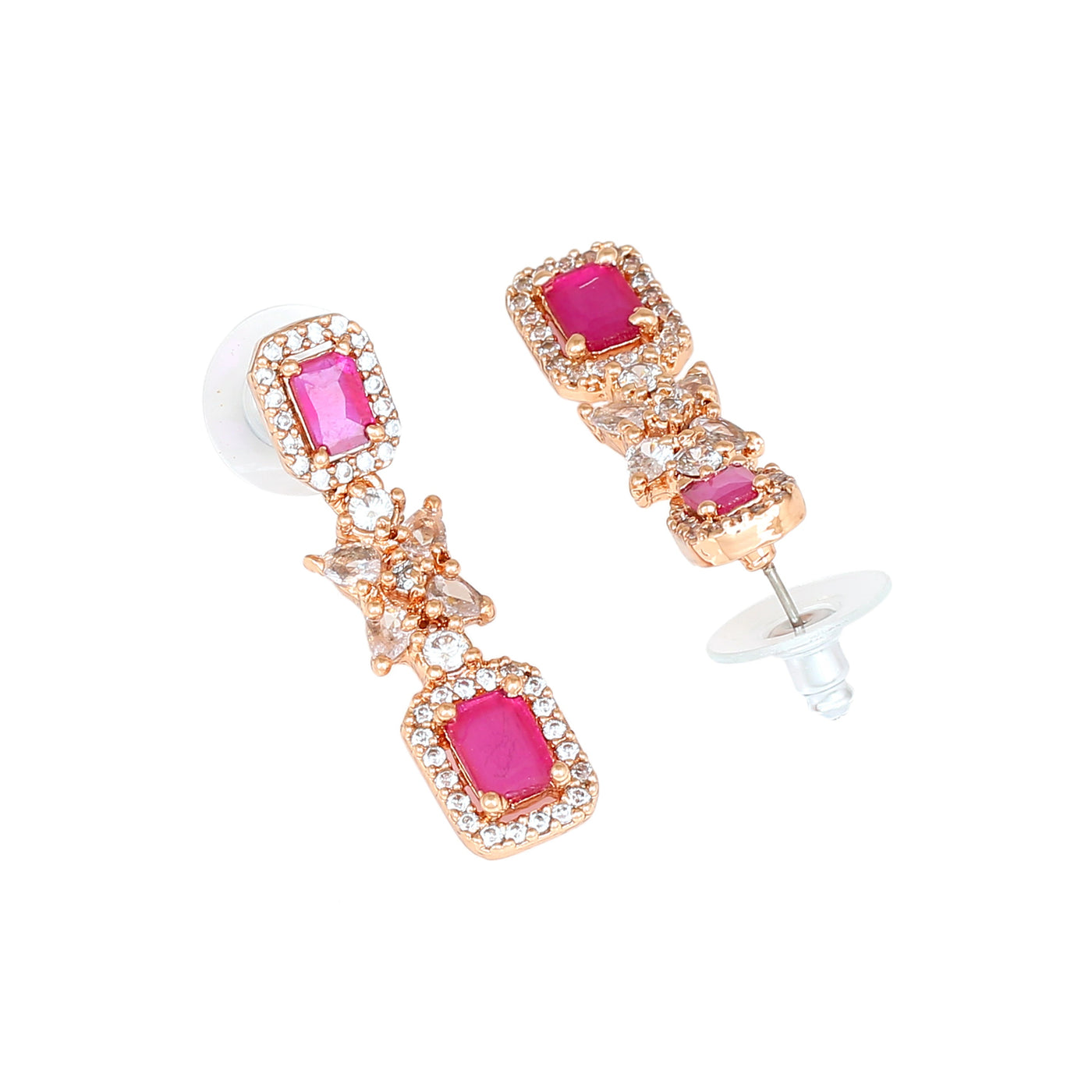 Estele Rose Gold Plated CZ Sparkling Earrings with Ruby Stone for Women