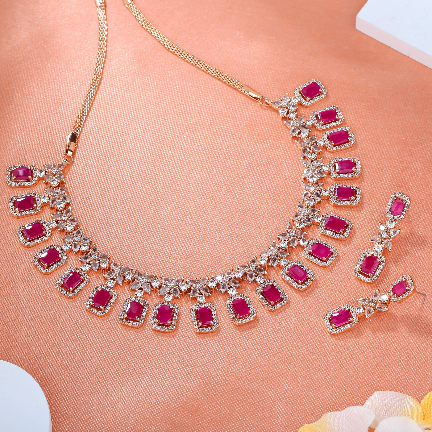 Estele Rose Gold Plated CZ Fascinating Necklace Set with Ruby Crystals for Women