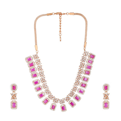 Estele Rose Gold Plated CZ Fascinating Necklace Set with Ruby Crystals for Women