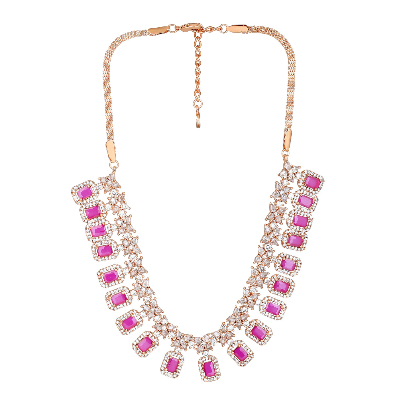 Estele Rose Gold Plated CZ Fascinating Necklace Set with Ruby Crystals for Women