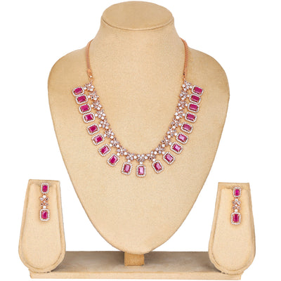 Estele Rose Gold Plated CZ Fascinating Necklace Set with Ruby Crystals for Women