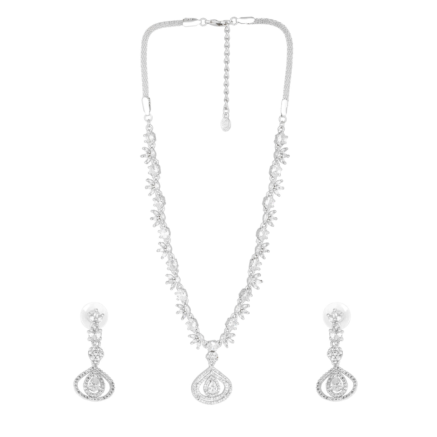 Estele Rhodium Plated CZ Sparkling Drop Designer Necklace Set for Women