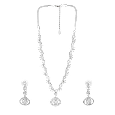 Estele Rhodium Plated CZ Sparkling Drop Designer Necklace Set for Women