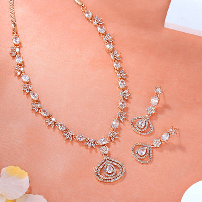 Estele Rose Gold Plated CZ Sparkling Drop Designer Necklace Set for Women