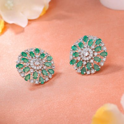 Estele Rhodium Plated CZ Floret Designer Stud Earrings with Green Crystals for Women