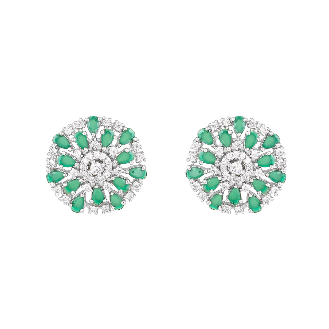 Estele Rhodium Plated CZ Floret Designer Stud Earrings with Green Crystals for Women