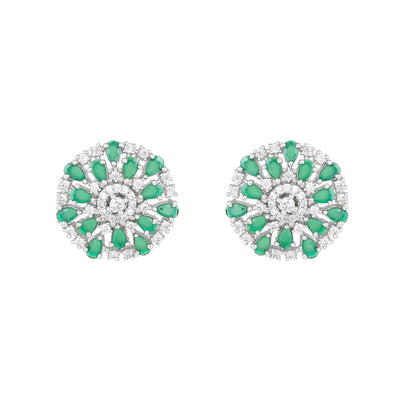 Estele Rhodium Plated CZ Floret Designer Stud Earrings with Green Crystals for Women