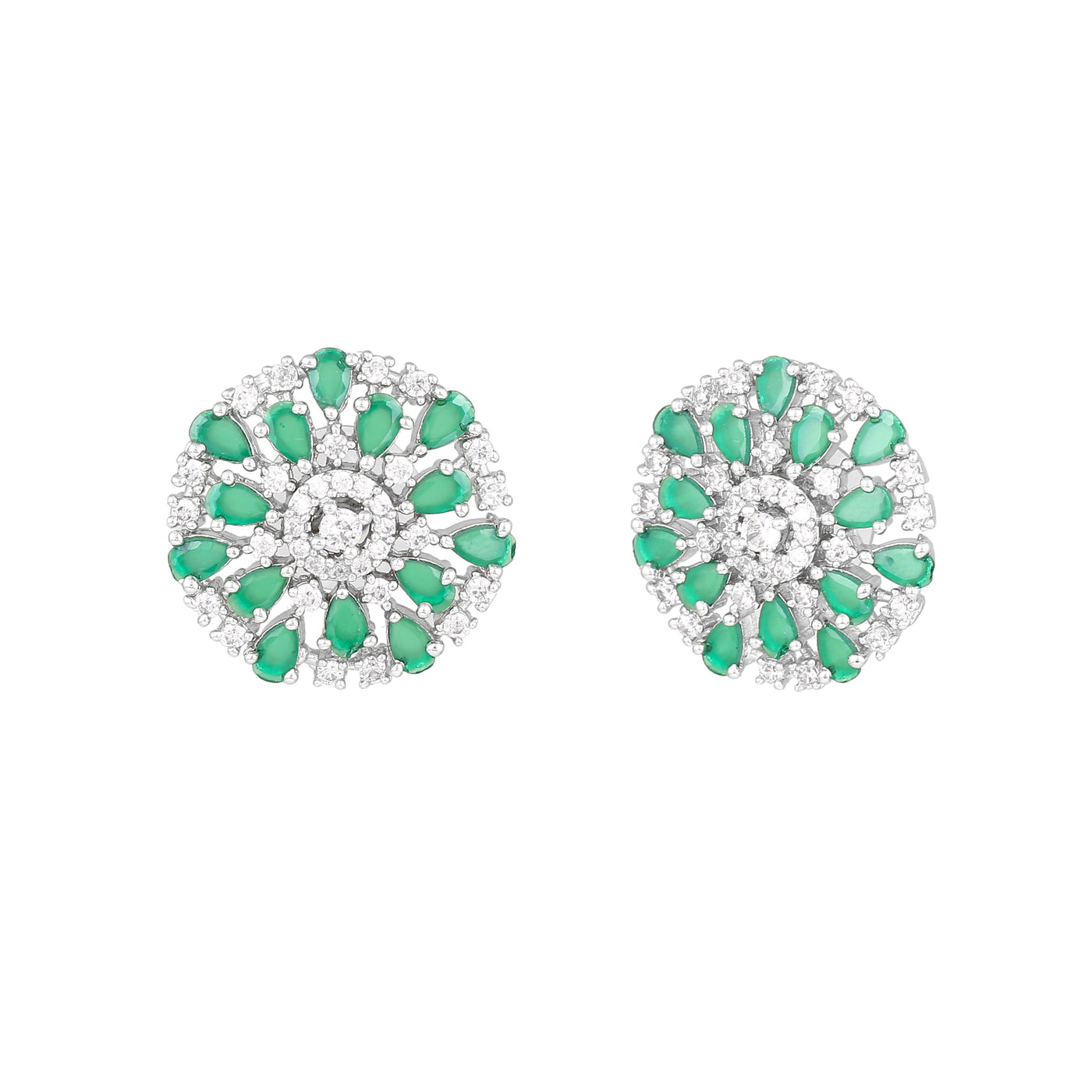 Estele Rhodium Plated CZ Floret Designer Stud Earrings with Green Crystals for Women