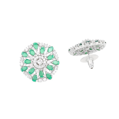 Estele Rhodium Plated CZ Floret Designer Stud Earrings with Green Crystals for Women