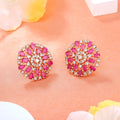 Estele Rose Gold Plated CZ Flower Designer Stud Earrings with Ruby Stones for Women