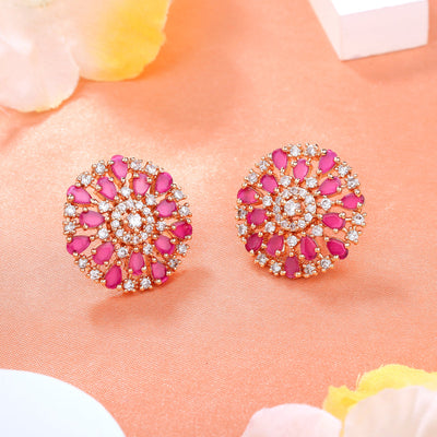 Estele Rose Gold Plated CZ Flower Designer Stud Earrings with Ruby Stones for Women
