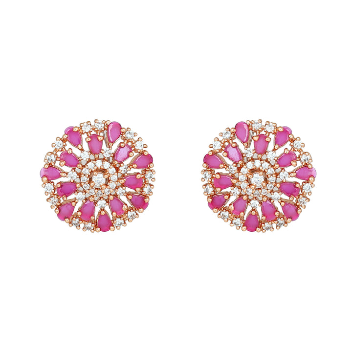 Estele Rose Gold Plated CZ Flower Designer Stud Earrings with Ruby Stones for Women