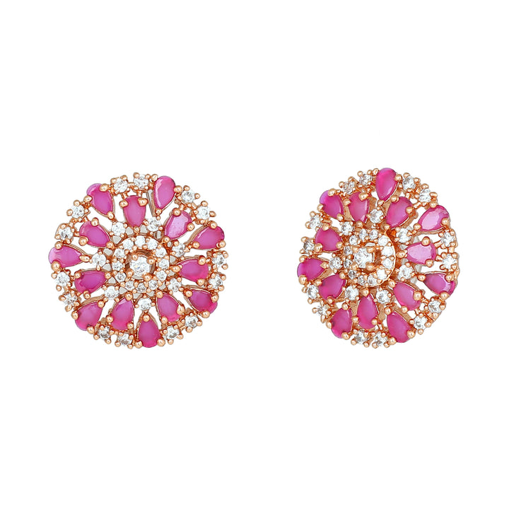 Estele Rose Gold Plated CZ Flower Designer Stud Earrings with Ruby Stones for Women