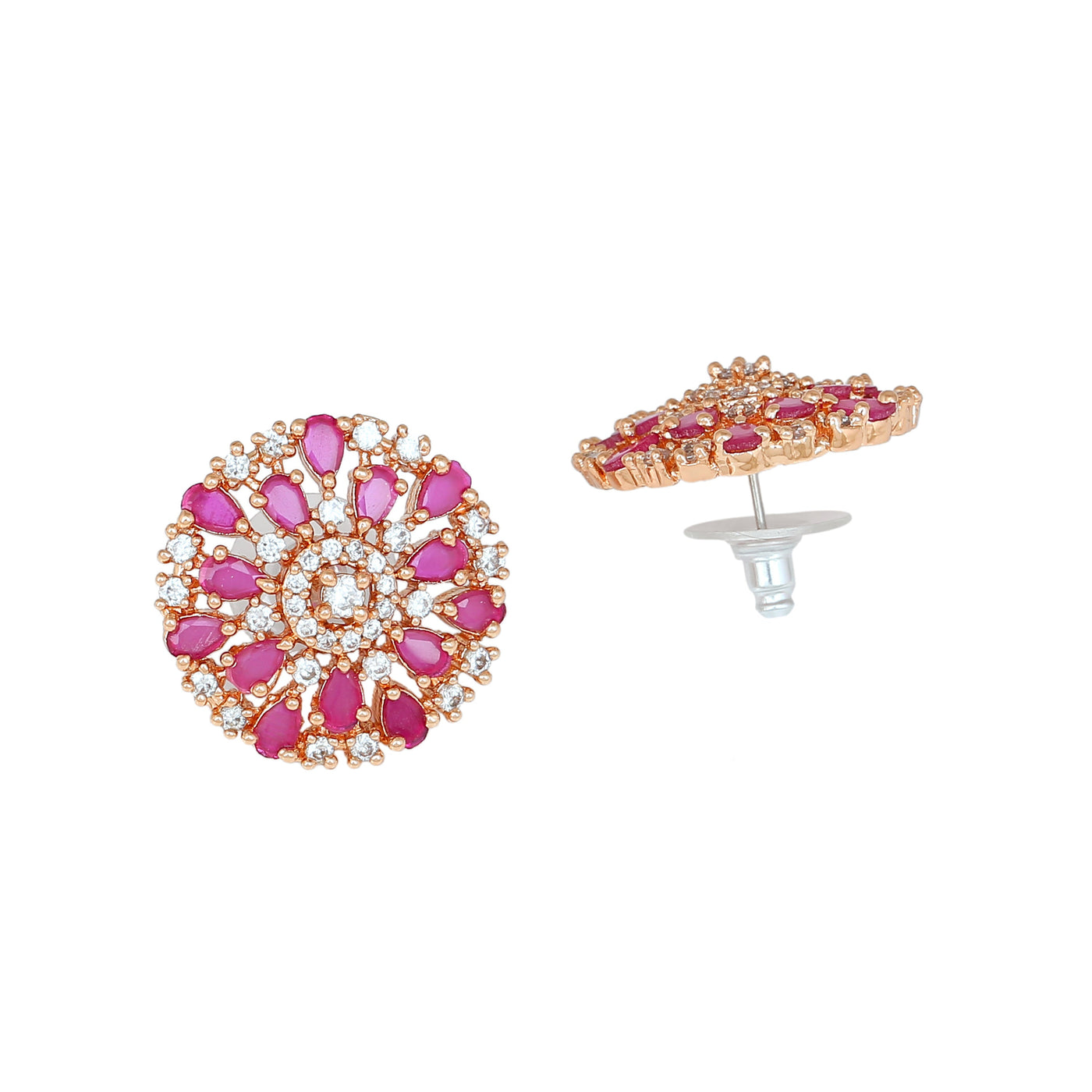 Estele Rose Gold Plated CZ Flower Designer Stud Earrings with Ruby Stones for Women