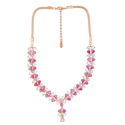 Estele Rose Gold Plated CZ Flower Designer Necklace Set with Ruby Stones for Women