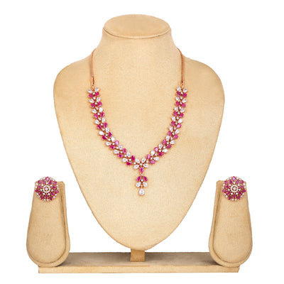 Estele Rose Gold Plated CZ Flower Designer Necklace Set with Ruby Stones for Women