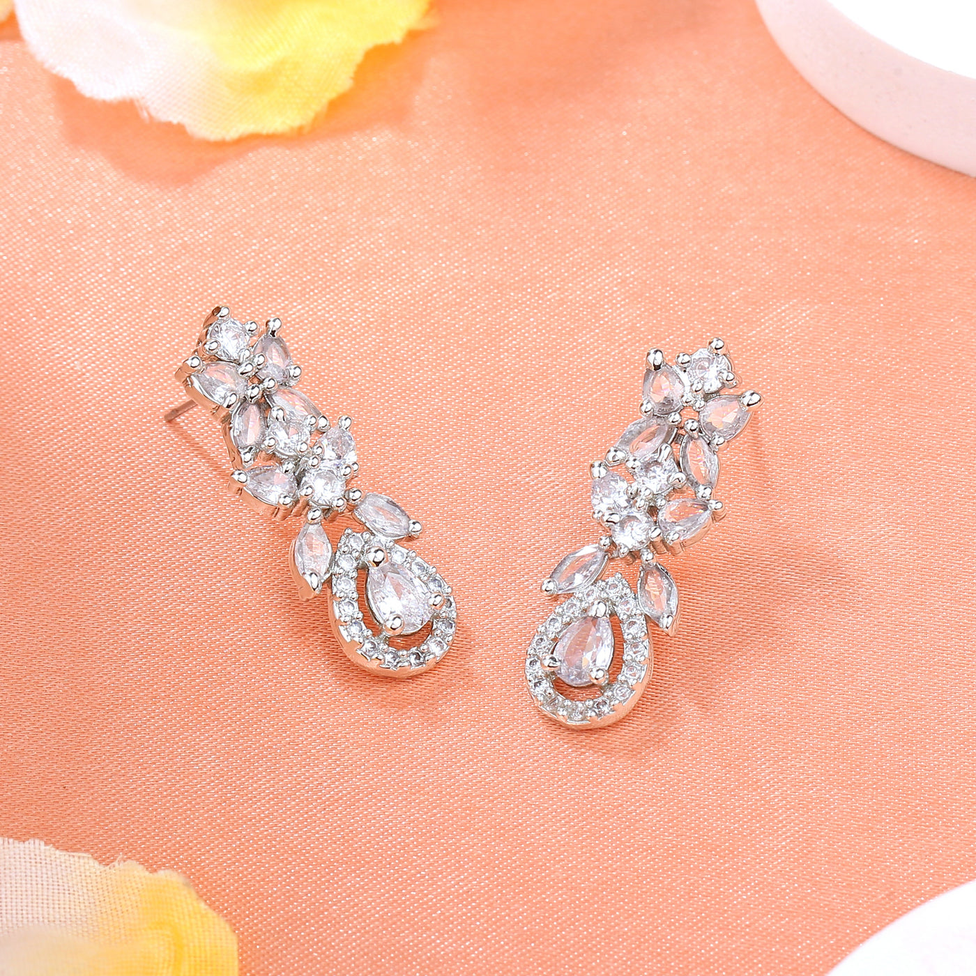 Estele Rhodium Plated CZ Scintillating Drop Earrings for Women