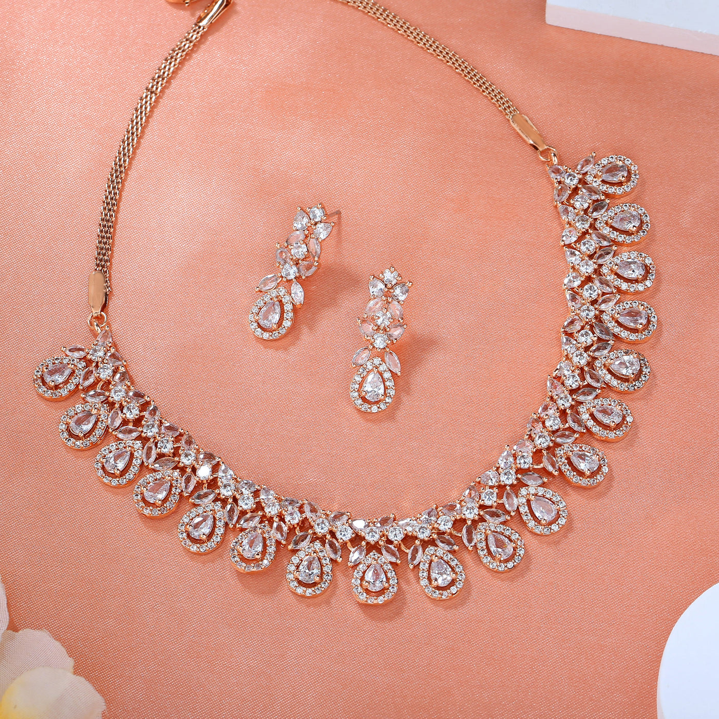 Estele Rose Gold Plated CZ Ravishing Necklace Set for Women