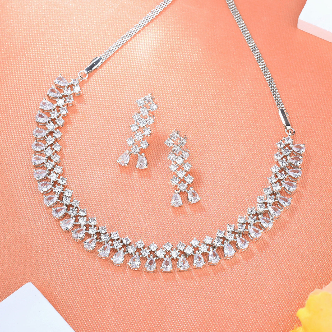 Estele Rhodium Plated CZ Shimmering Necklace Set for Women