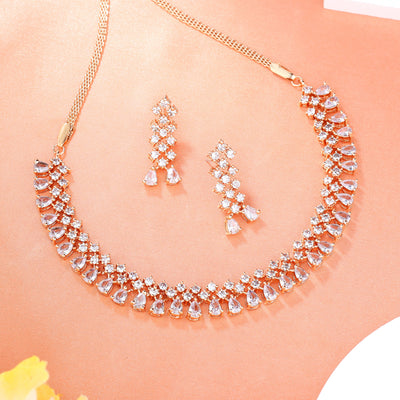 Estele Rose Gold Plated CZ Shimmering Necklace Set for Women