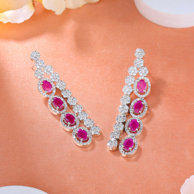 Estele Rhodium Plated CZ Fascinating Drop Earrings with Ruby Crystals for Women