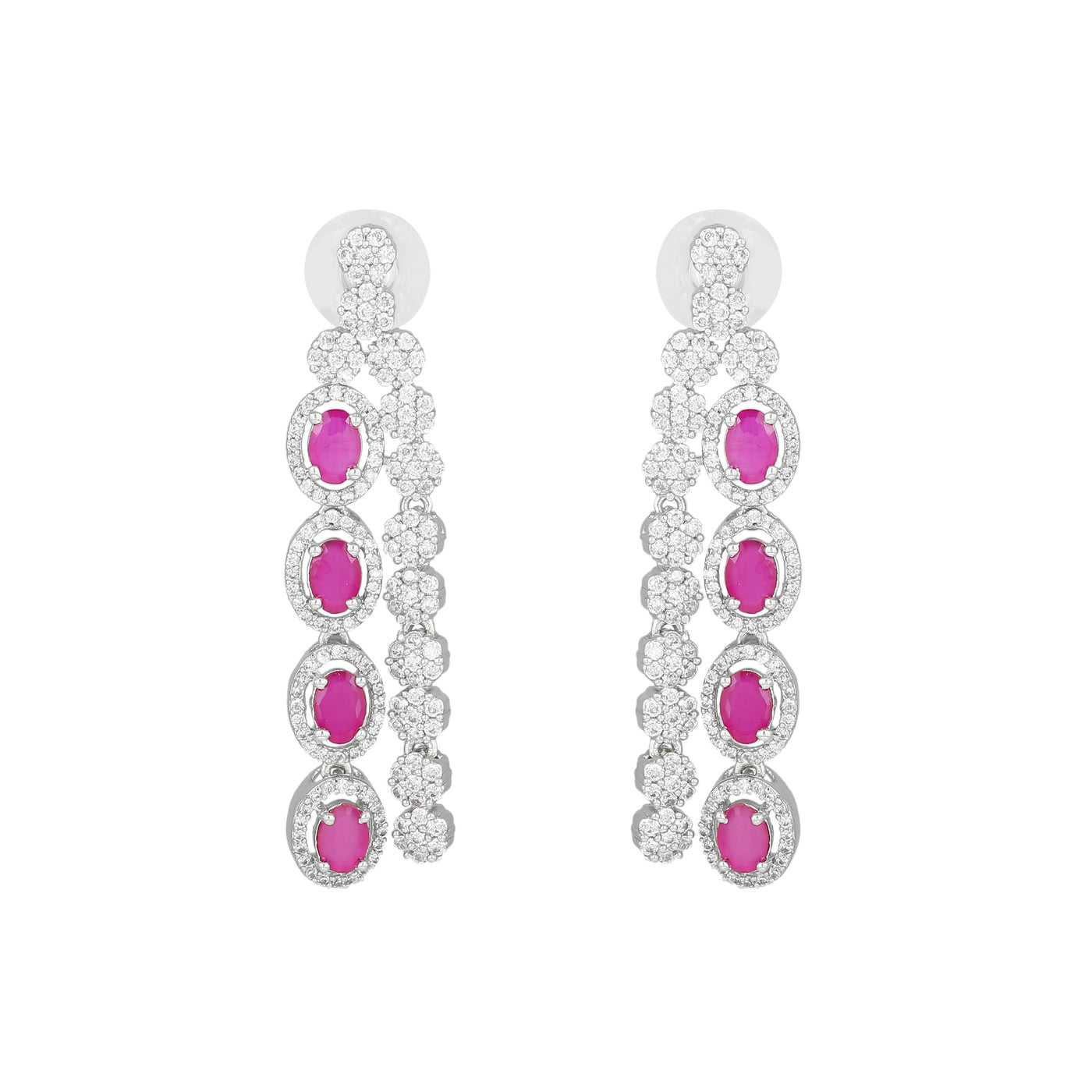 Estele Rhodium Plated CZ Fascinating Drop Earrings with Ruby Crystals for Women