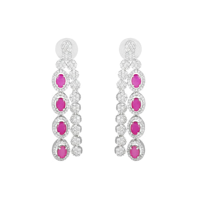 Estele Rhodium Plated CZ Fascinating Drop Earrings with Ruby Crystals for Women