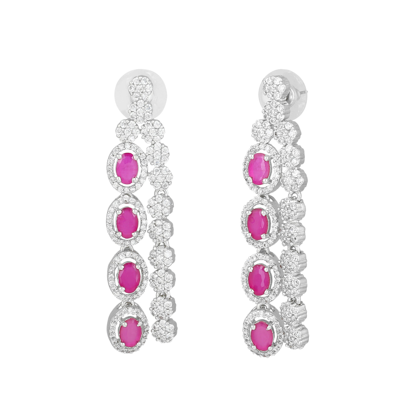 Estele Rhodium Plated CZ Fascinating Drop Earrings with Ruby Crystals for Women