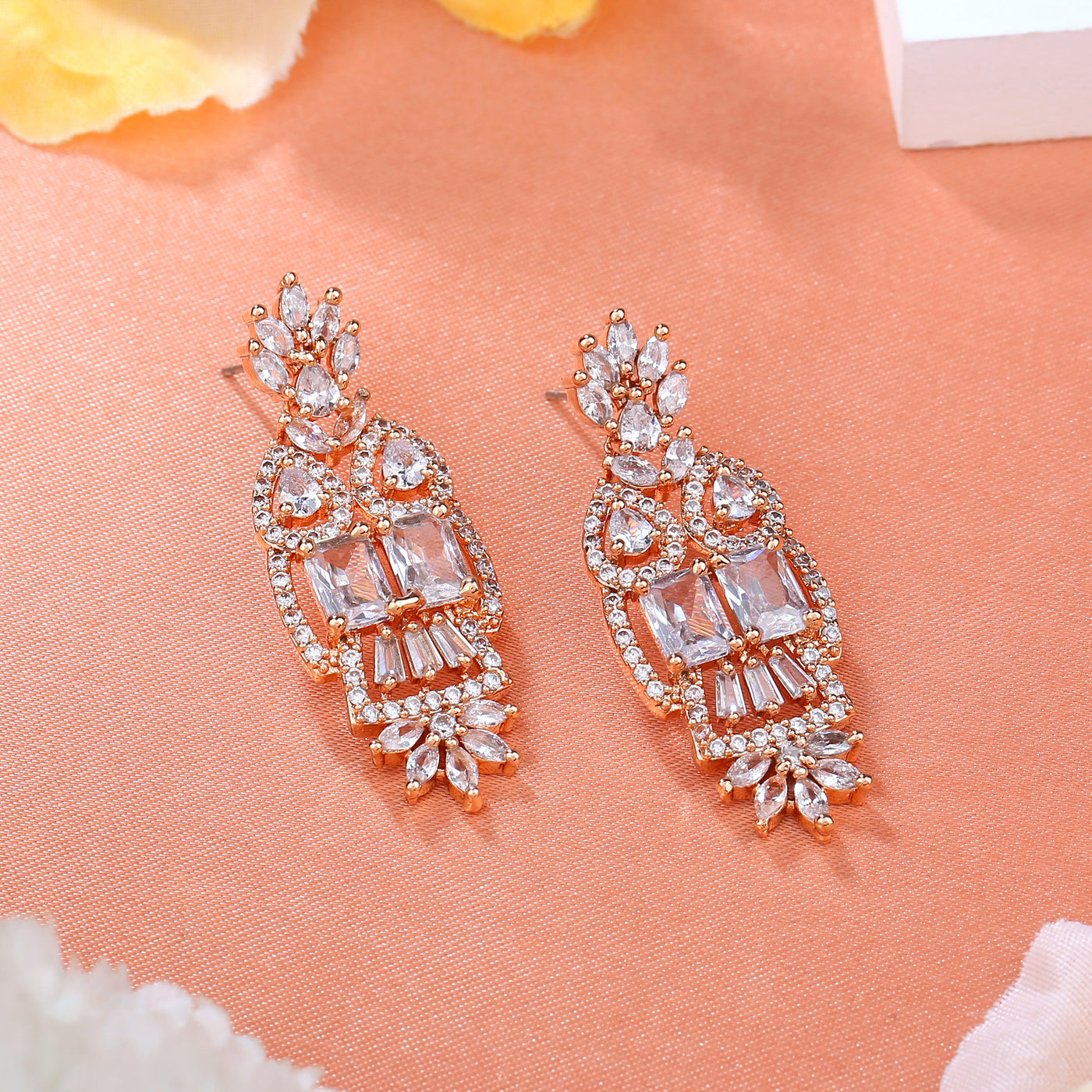 Estele Rose Gold Plated CZ Sparkling Designer Drop Earrings for Women