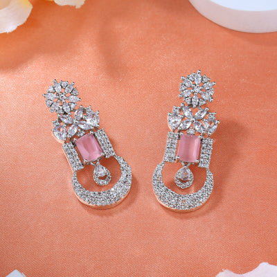 Estele Rhodium Plated CZ Gorgeous Designer Drop Earrings with Mint Pink Crystals for Women