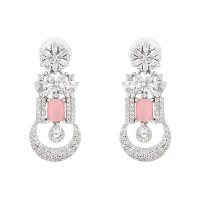 Estele Rhodium Plated CZ Gorgeous Designer Drop Earrings with Mint Pink Crystals for Women