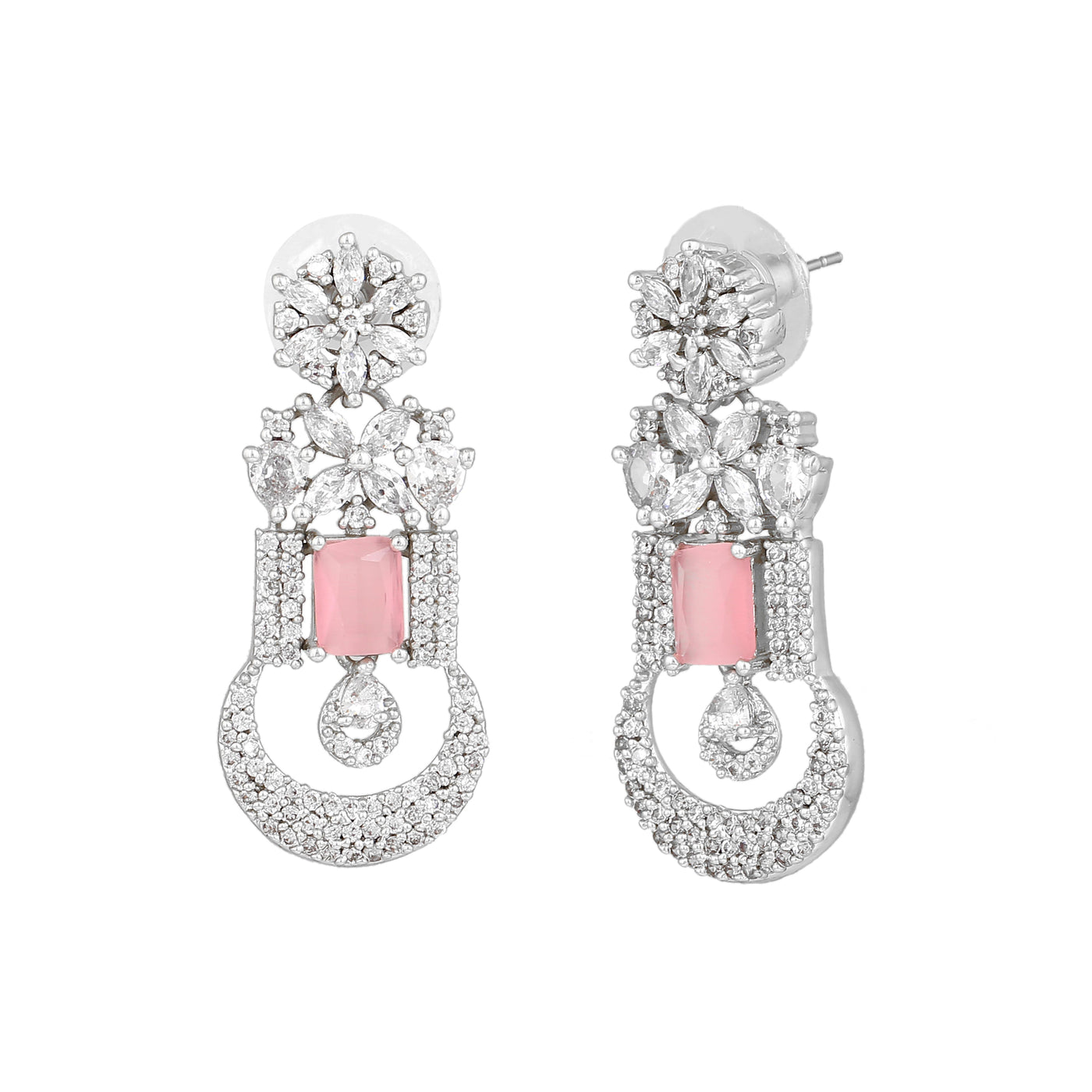 Estele Rhodium Plated CZ Gorgeous Designer Drop Earrings with Mint Pink Crystals for Women