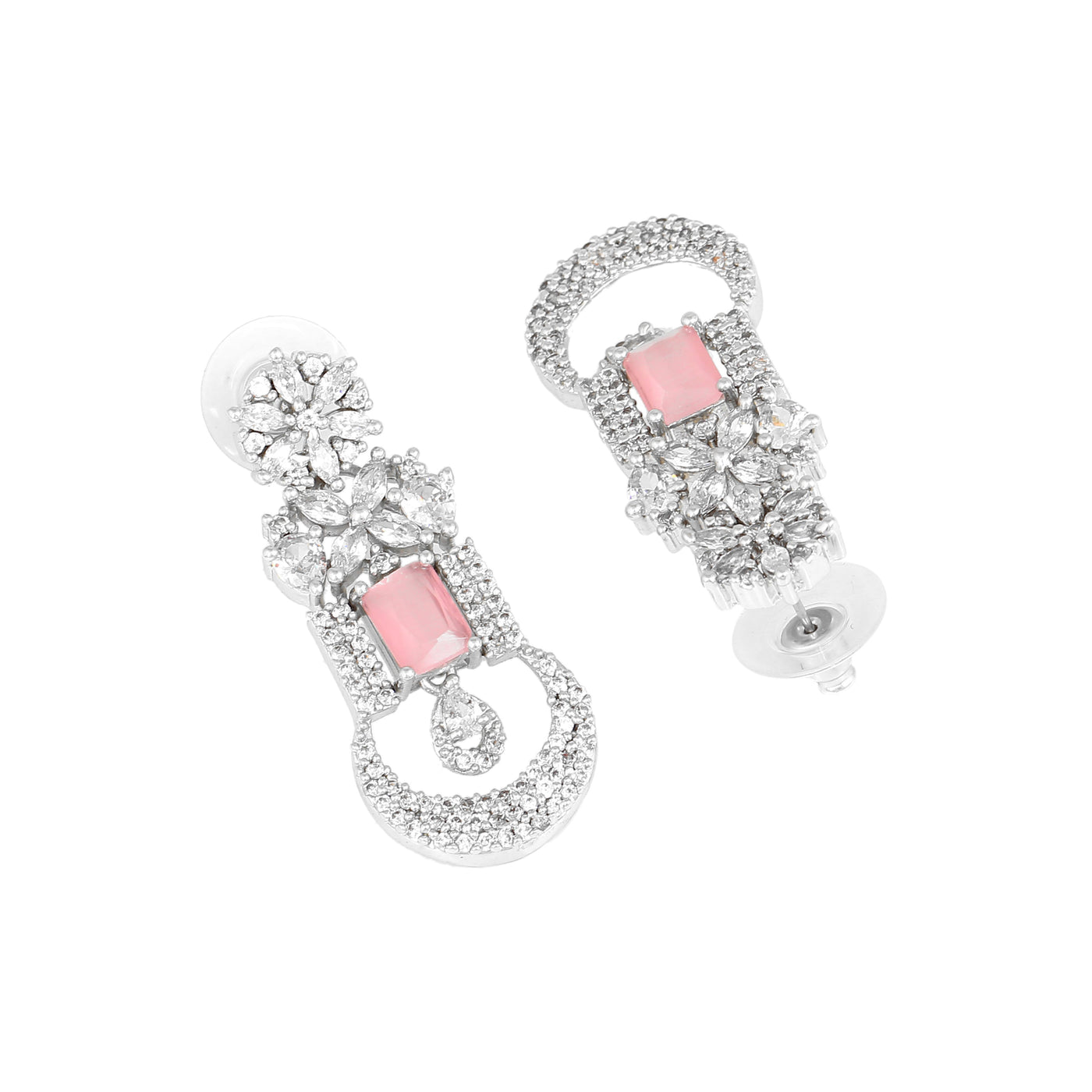 Estele Rhodium Plated CZ Gorgeous Designer Drop Earrings with Mint Pink Crystals for Women