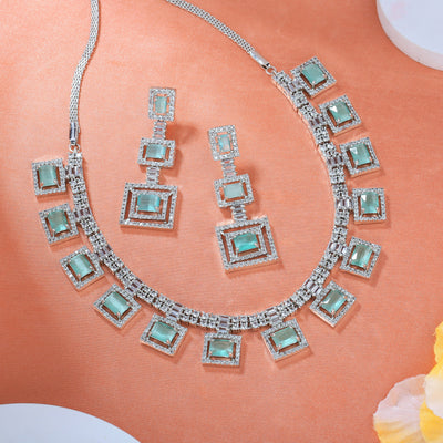 Estele Rhodium Plated CZ Geometric Designer Necklace Set with Mint Green Crystals for Women