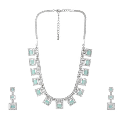 Estele Rhodium Plated CZ Geometric Designer Necklace Set with Mint Green Crystals for Women