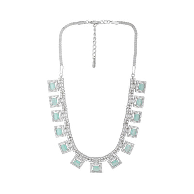 Estele Rhodium Plated CZ Geometric Designer Necklace Set with Mint Green Crystals for Women