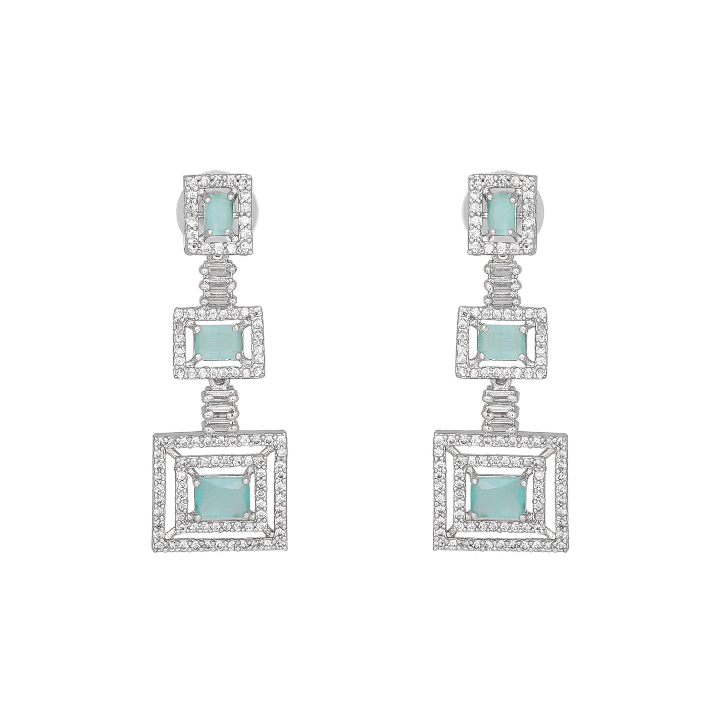 Estele Rhodium Plated CZ Geometric Designer Necklace Set with Mint Green Crystals for Women