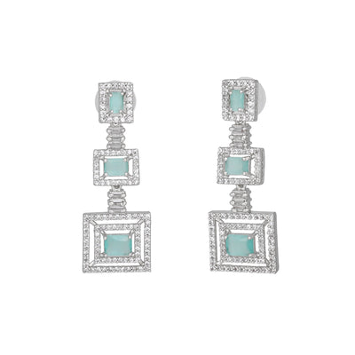 Estele Rhodium Plated CZ Geometric Designer Necklace Set with Mint Green Crystals for Women